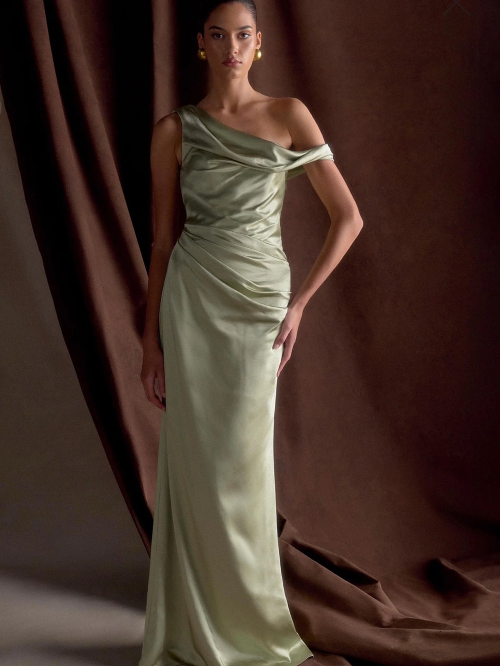 Satin One-Shoulder Meshki dress Sage